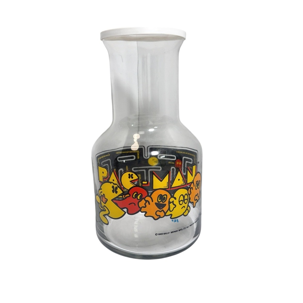 1982 Pac-Man Glass Carafe Pitcher with Lid Bally Midway Arcade Retro Vintage